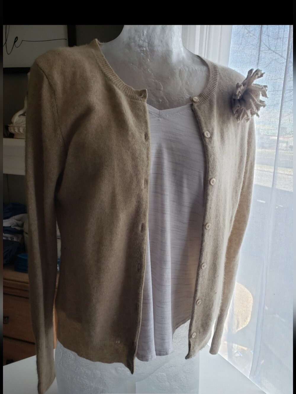2 ply cashmere Beige Button-Front Cashmere Cardigan with Floral Pin